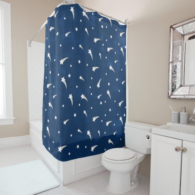 Shooting Stars Navy Blue Watercolor Shower Curtain (In Situ)