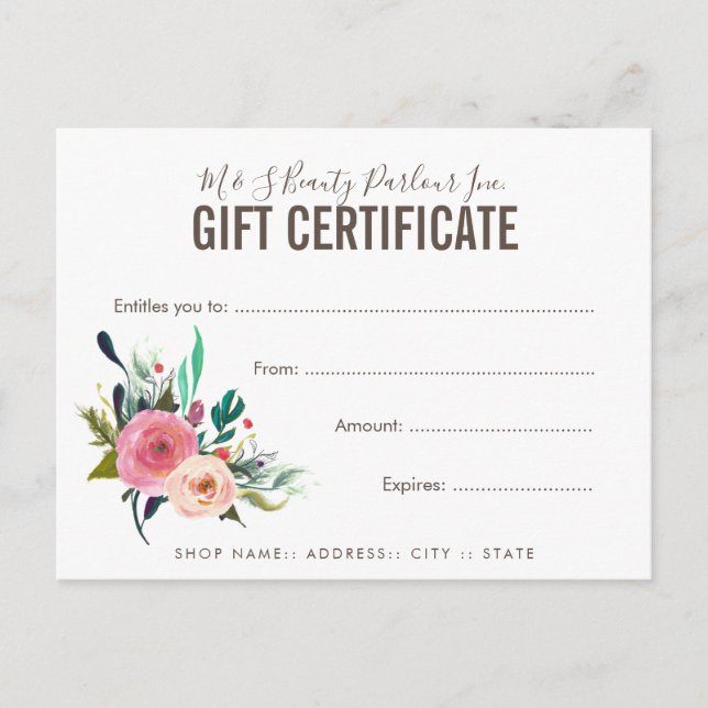 Shop Boutique Salon Gift Certificate Template Postcard (Front)