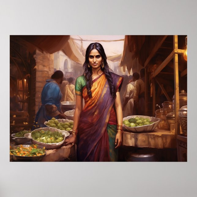 Shopping in an Indian street market oil painting Poster (Front)