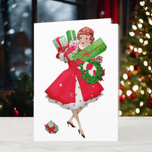 Shopping in High Heels & Girdle Vintage Christmas Holiday Card
