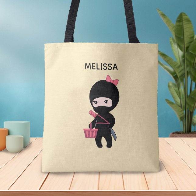 Shopping Ninja Girl Custom Name on Yellow Tote Bag (Creator Uploaded)