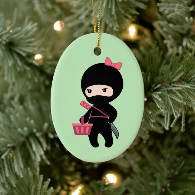 Shopping Ninja Girl on Green Ceramic Tree Decoration (Tree)