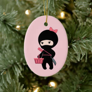 Shopping Ninja Girl on Pink Ceramic Tree Decoration