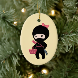 Shopping Ninja Girl on Yellow Ceramic Tree Decoration