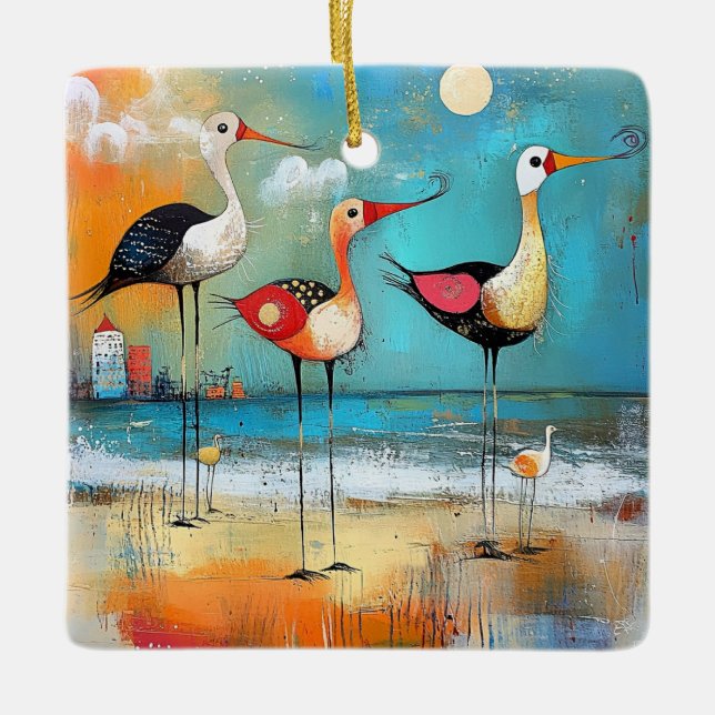 Shorebirds, whimsical illustration, ceramic ornament (Front)