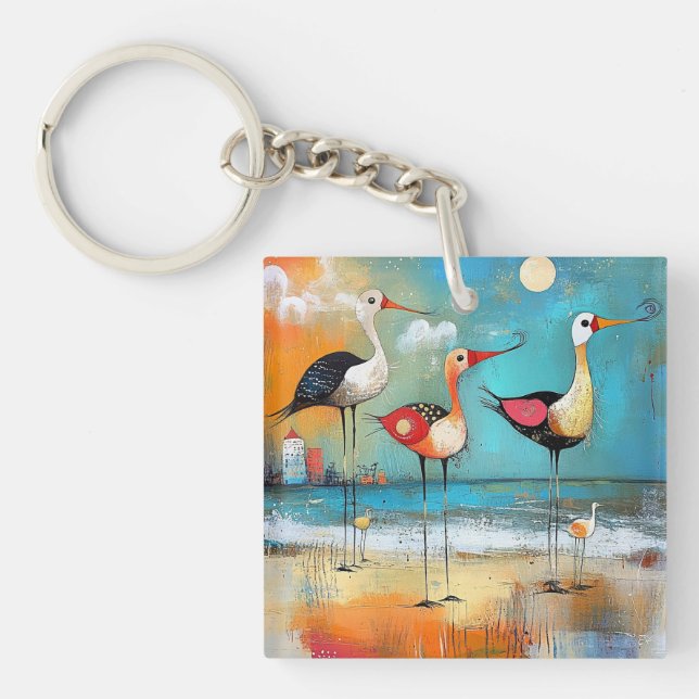 Shorebirds, whimsical illustration, key ring (Front)