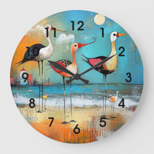 Shorebirds, whimsical illustration, large clock