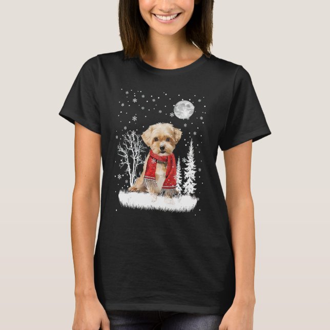 Shorkie Under Moonlight Snow Christmas Pajama T-Shirt (Front)