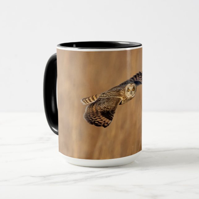 Short-eared owl in flight at the grasslands mug (Front Left)