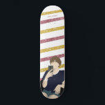 Short Hair Glitter Gold and Pink Skateboard<br><div class="desc">A cute flat illustration of short-haired girl in pink and gold glitter stripes background. Personalise it with your name.</div>