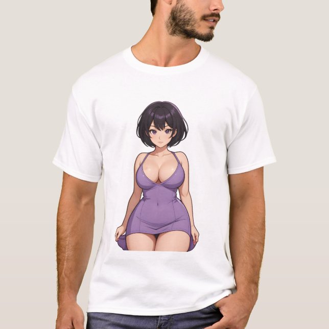 Short hair purple dress hot anime girl T-Shirt (Front)
