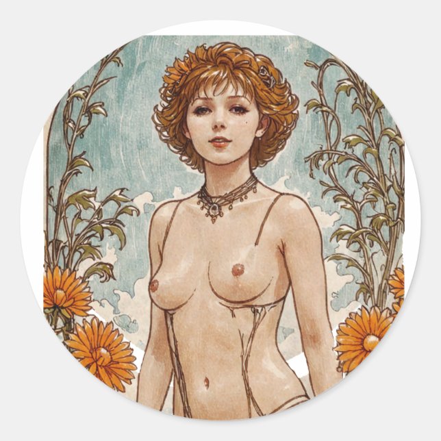 Short Haired Red Head V1 Mucha Style Art Classic Round Sticker (Front)