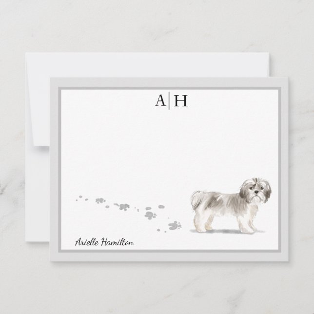 Short Haired Shih Tsu Grey Border Monogram Custom Card (Front)