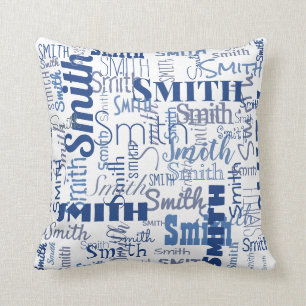 Short Name Pattern Modern Blue White Typography Cushion