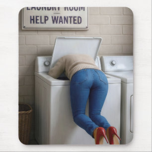 Short Woman Headfirst In a Washing Machine Mouse Pad
