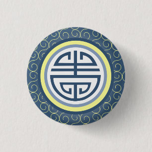Shou Chinese Longevity Symbol - Blue and Yellow 3 Cm Round Badge