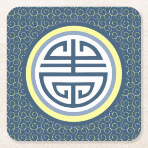Shou Chinese Longevity Symbol - Blue and Yellow Square Paper Coaster