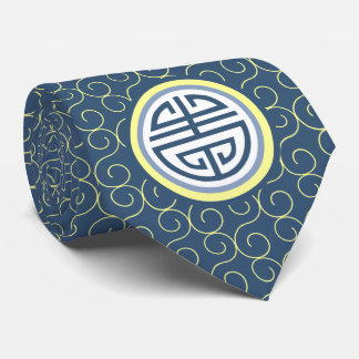 Shou Chinese Longevity Symbol - Blue and Yellow Tie