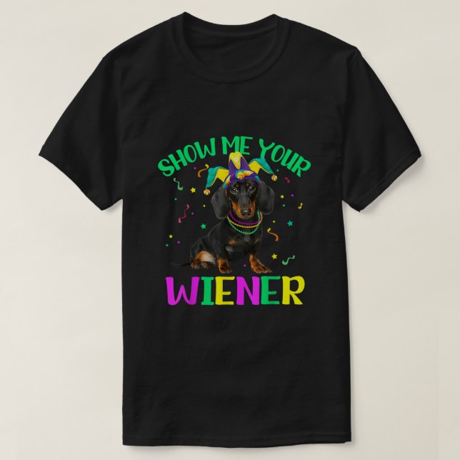 Show Me Your Wiener Funny Mardi Gras Jester Hat Da T-Shirt (Design Front)