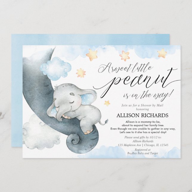 Shower by mail blue yellow elephant baby shower invitation (Front/Back)