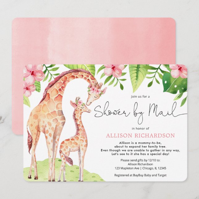 Shower by Mail cute giraffe safari baby girl Invitation (Front/Back)