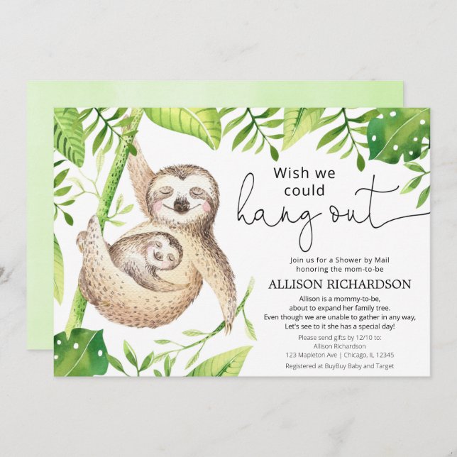 Shower by mail cute sloth hang out baby shower invitation (Front/Back)