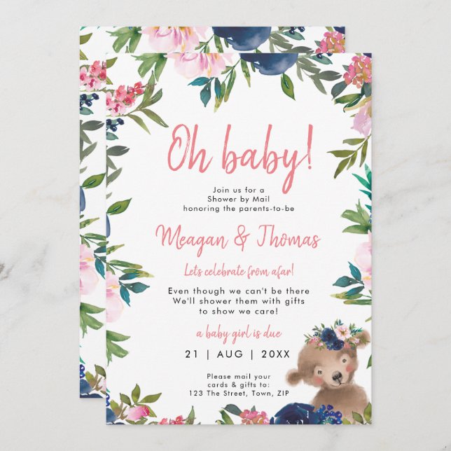 shower by mail distance bear pink baby shower invitation (Front/Back)