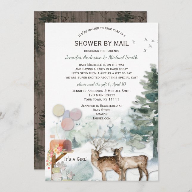 Shower by Mail Forest Woodland Girl Baby Invitation (Front/Back)