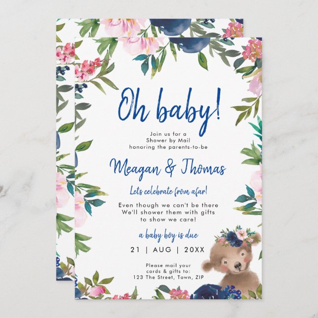 shower by mail from afar bear blue baby shower invitation (Front/Back)