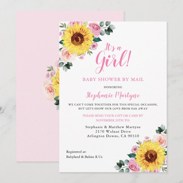 Shower By Mail Its A Girl Sunflower Pink Floral Invitation (Front/Back)