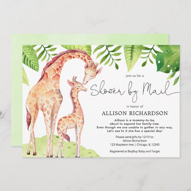 Shower by Mail mummy and baby giraffe watercolor Invitation (Front/Back)
