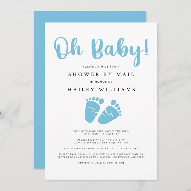 Shower by Mail | Oh Baby Boy Blue Baby Feet Invitation (Front/Back)