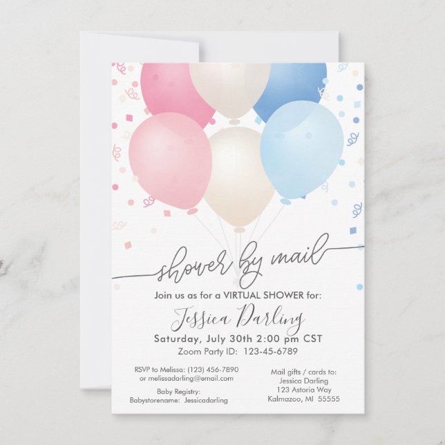 Shower by Mail Pink and Blue Balloons and Confetti Invitation (Front)