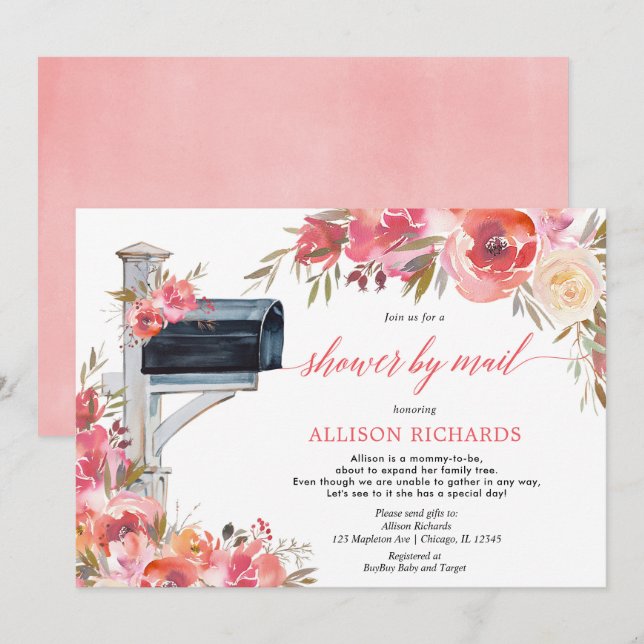 Shower by mail pink coral floral girl baby shower invitation (Front/Back)