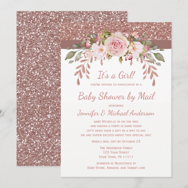 Shower by Mail Pink Rose Gold Glitter Girl Baby Invitation (Front/Back)