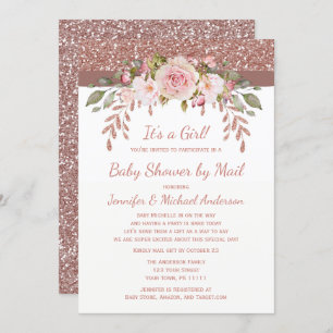 Shower by Mail Pink Rose Gold Glitter Girl Baby Invitation