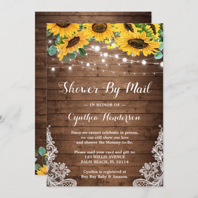 Shower By Mail Rustic Lights Sunflower Eucalyptus Invitation (Front/Back)
