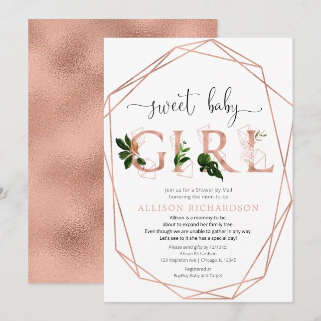 Shower by mail sweet baby girl rose gold greenery invitation (Front/Back)