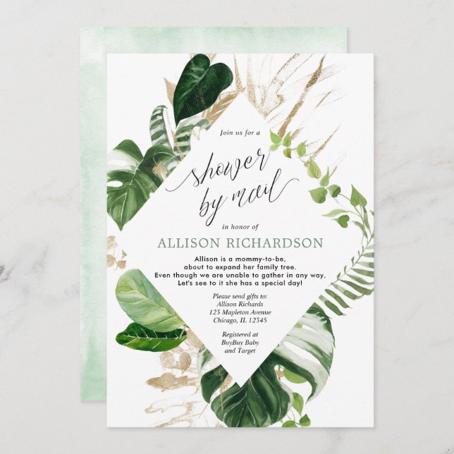Shower by mail tropical green gold baby shower invitation (Front/Back)