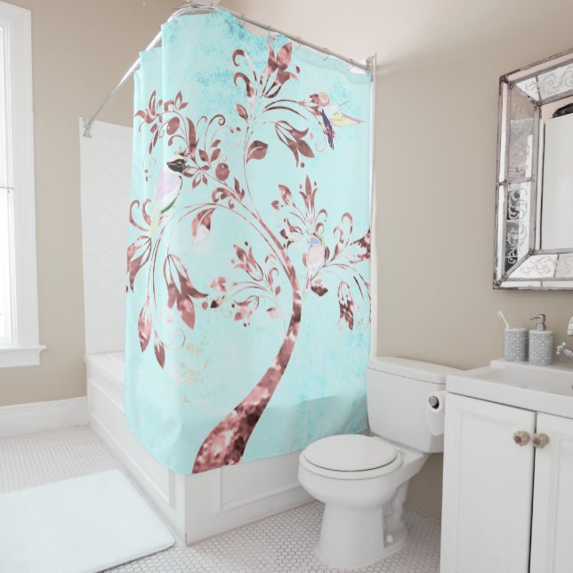 Shower curtain Abstract aqua bird pink (In Situ)