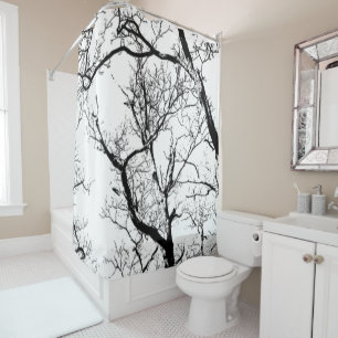 Shower curtain abstract black white moon tree