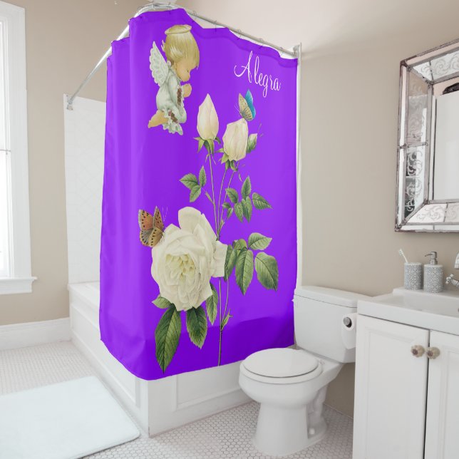 Shower Curtain Angel Floral Purple Butterfly (In Situ)