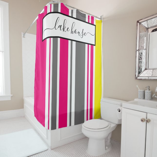 Shower Curtain - Beach Hut Stripes Hot Pink (In Situ)