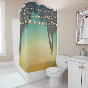 Shower Curtain Beach Sunset Palm Tree String Light