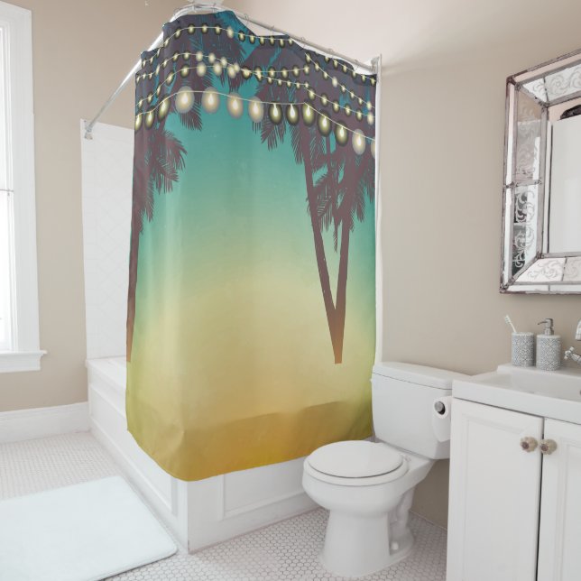 Shower Curtain Beach Sunset Palm Tree String Light (In Situ)