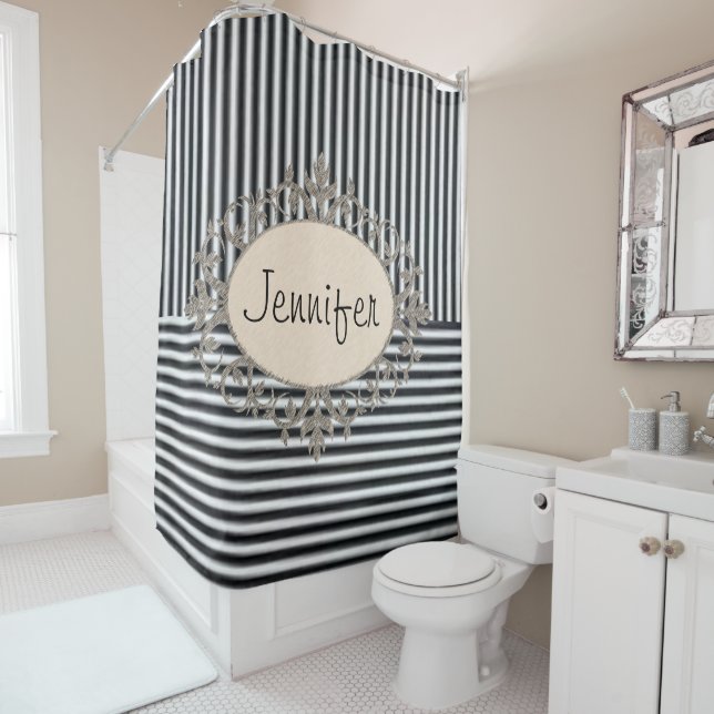 Shower Curtain Beige Black Stripe (In Situ)