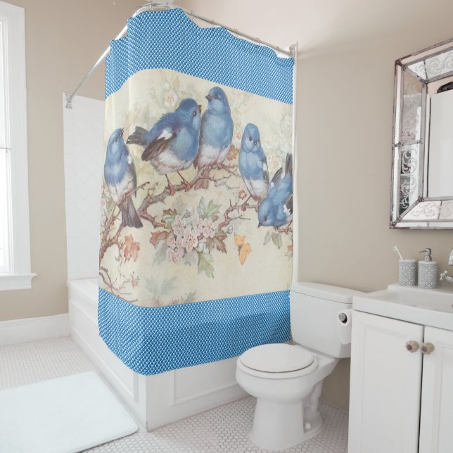 Shower Curtain Bird Blue Vintage (In Situ)