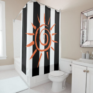 Shower Curtain Black and White Stripe Orange Star