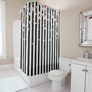 Shower Curtain Black & White Stripe Floral