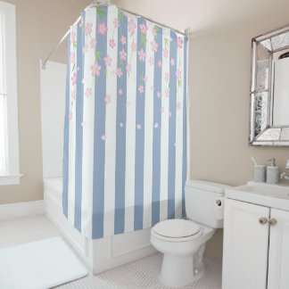 Shower Curtain Blue & White Stripe Floral